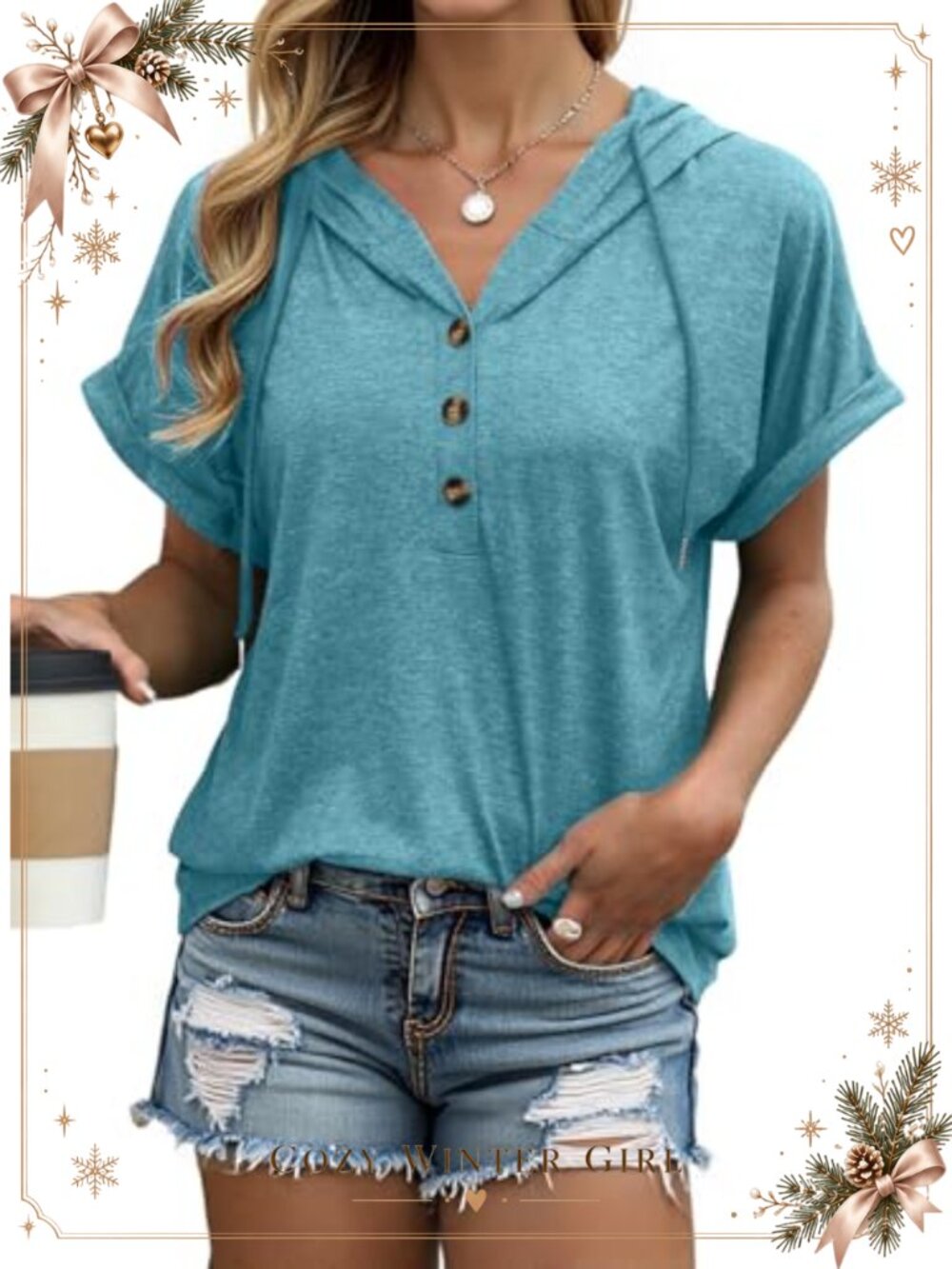 Womens Oversized Short Sleeve Summer Hoodie T Shirt Button Down Henley Trendy
